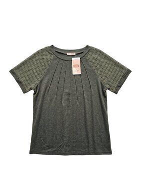 NWT | Kirundo Olive Green Pleated Bodice Top Crochet Lace Sleeves Large